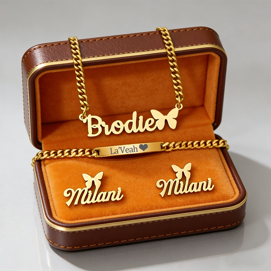 Women Accessories Gift Set - Acheerup Personalized Name Necklace Bracelet Earrings