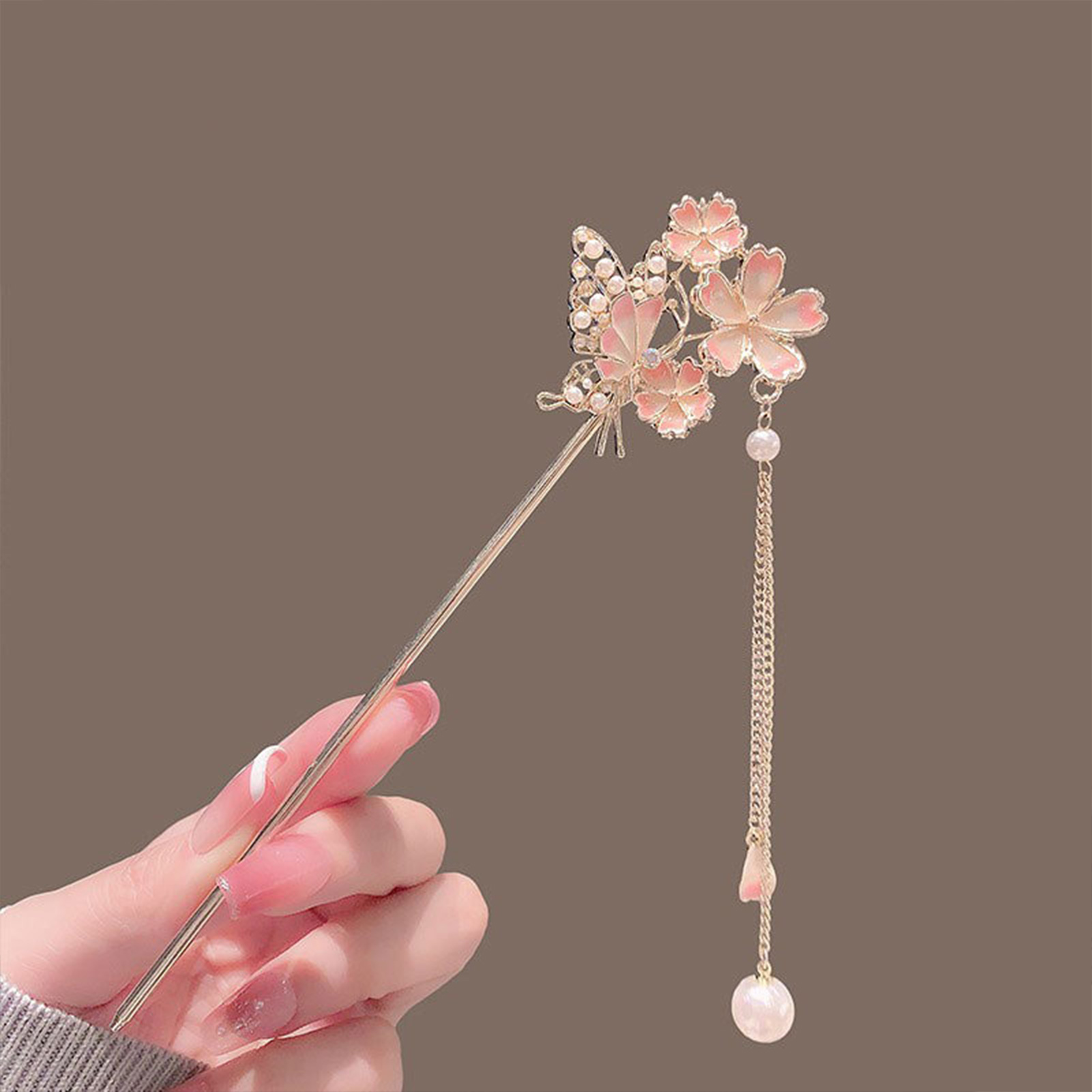 Hair Fork Stick - Pink Flower Butterfly Hair Pin Pearls
