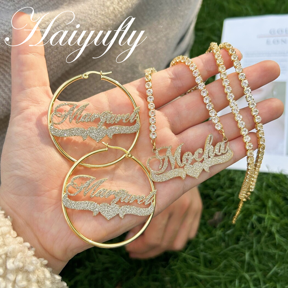 Women Accessories Gift Set - Haiyufly Custom Frosted Name Necklace Hoop