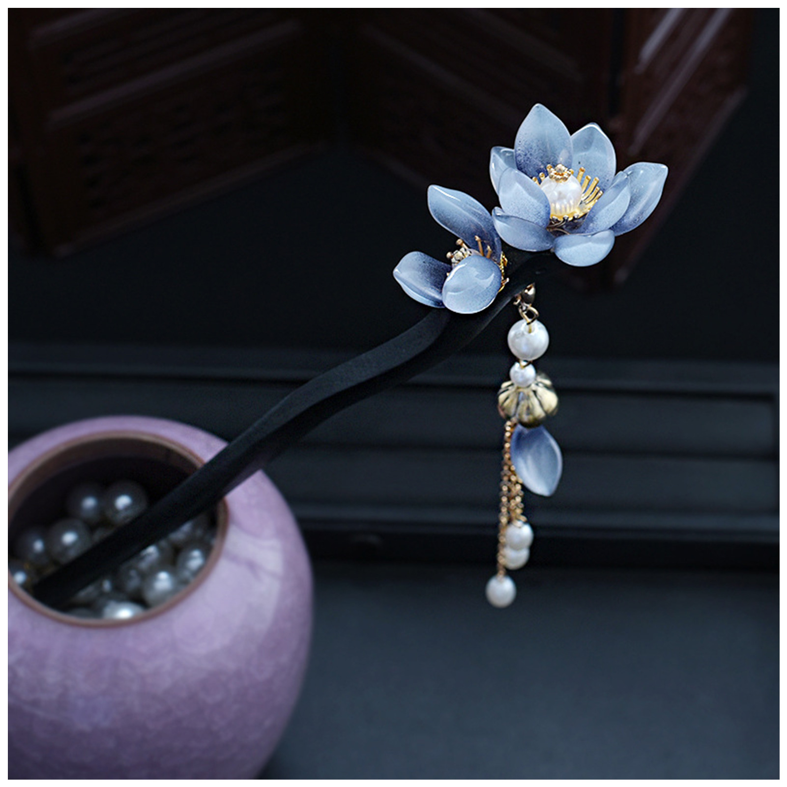 Young Women'S Accessories - Blue Flower Hair Stick Vintage Pearl