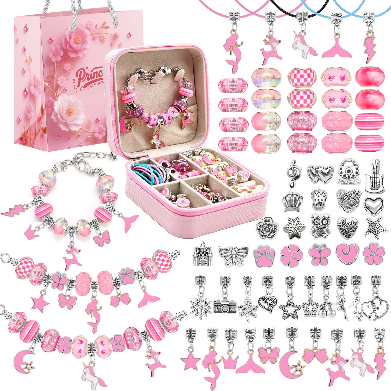 Women Accessories Gift Set - 68pcs pink beaded jewelry set, charm