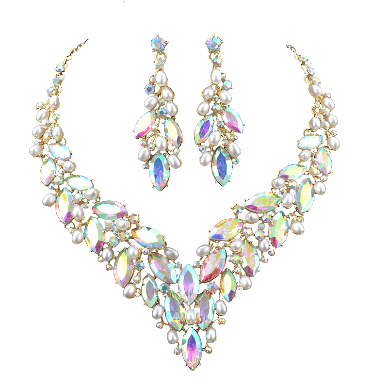 Women Accessories Gift Set - Delicate Golded Pearl Crystal Necklace Earring