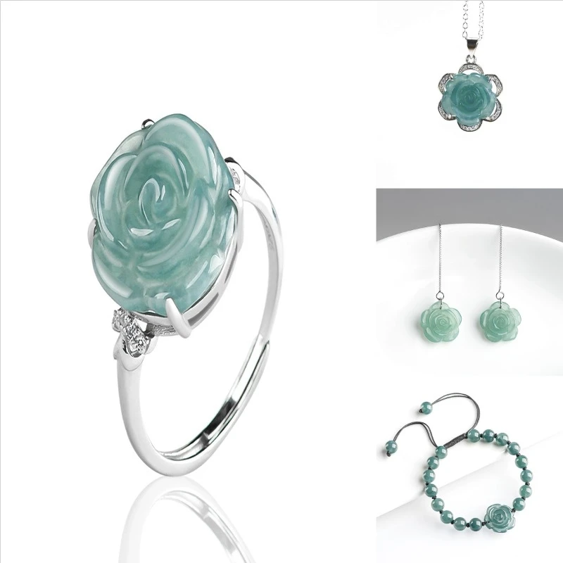 Women Accessories Gift Set - Blue Real Jadeite Rose Jewelry Set